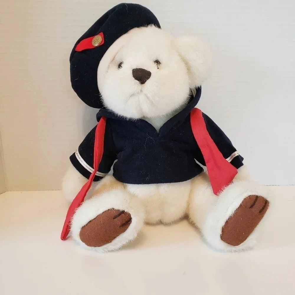 Vintage Brass Button Taylor Plush White/Blue/Red Bear.